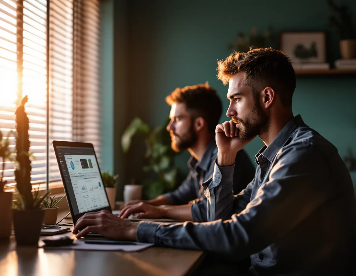 The two-person Zaharia Systems desk working through a network check at golden hour