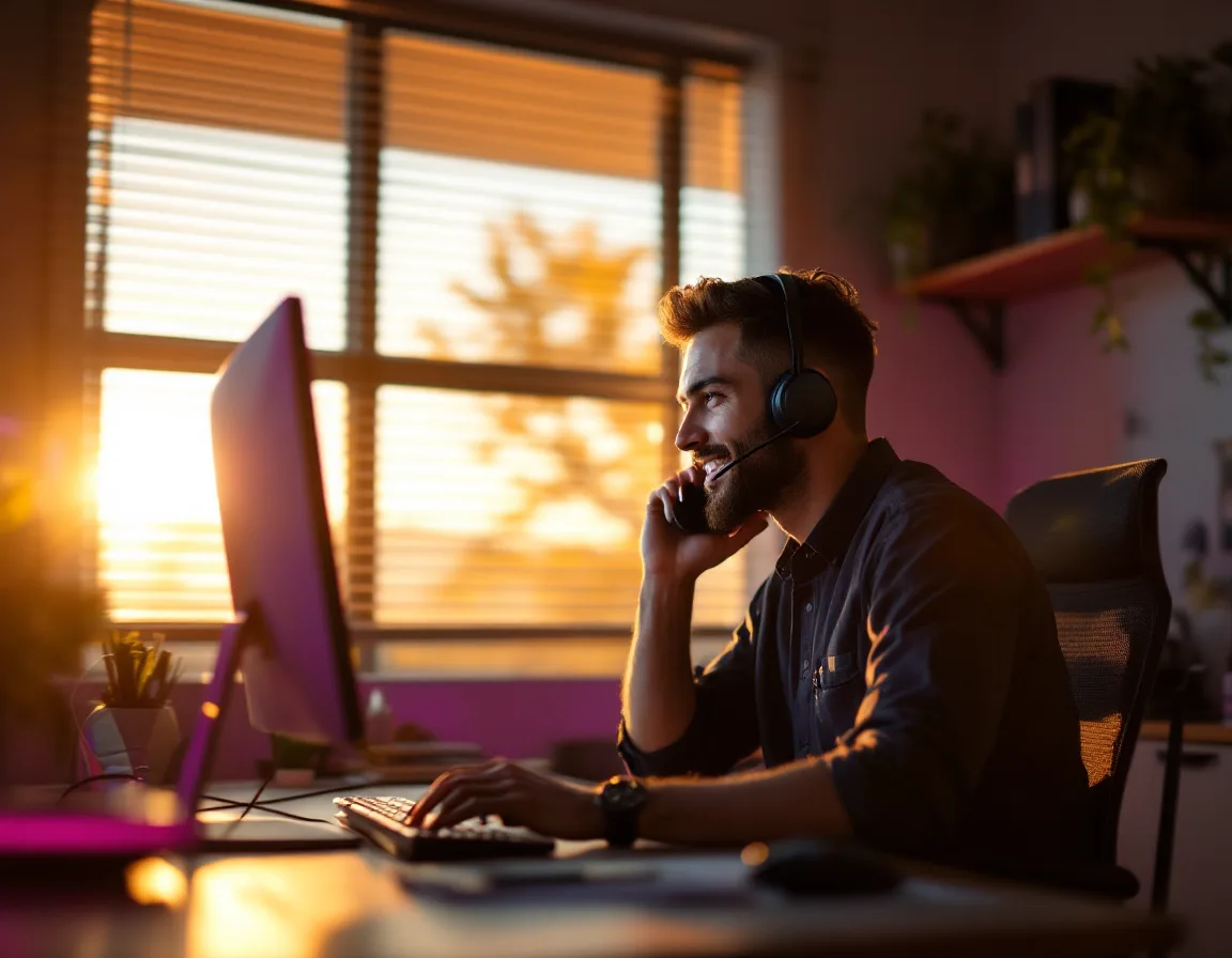 A Zaharia Systems technician answering the desk phone in a sunlit Cathedral City office