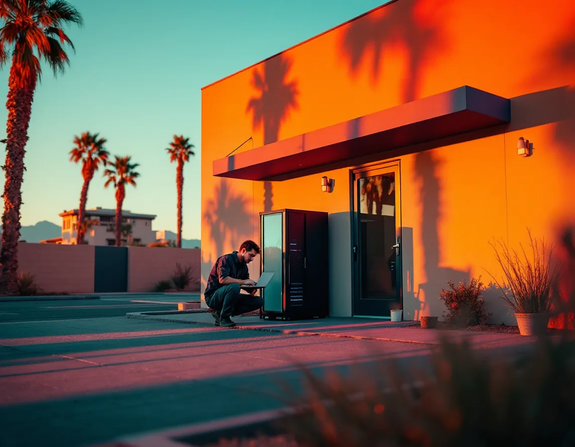 Zaharia Systems technician setting up office network gear at golden hour